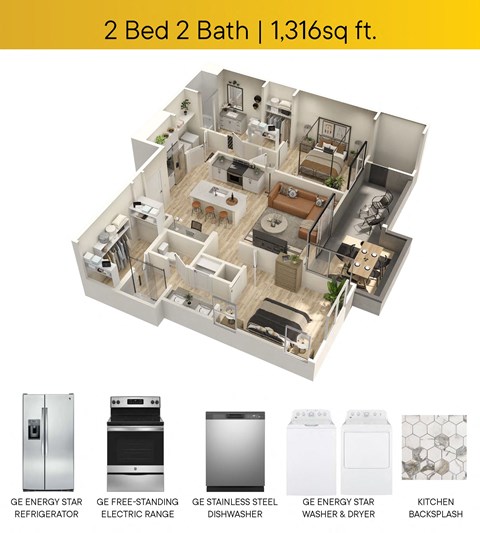 Floor plan for 2 beds, 2 baths, 1316 sqft